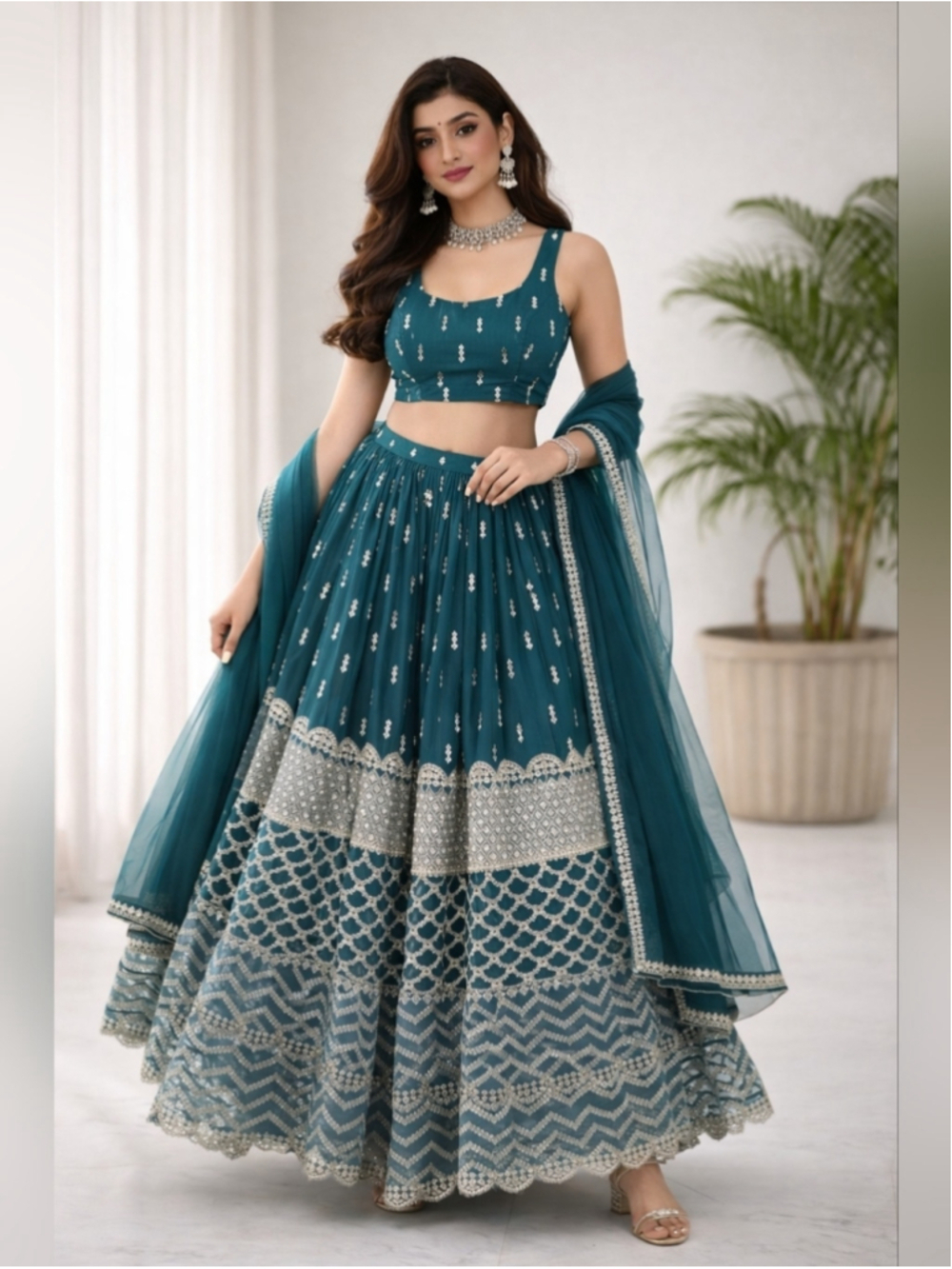 Green Sequin Zari Embroidery Work Lehenga Choli